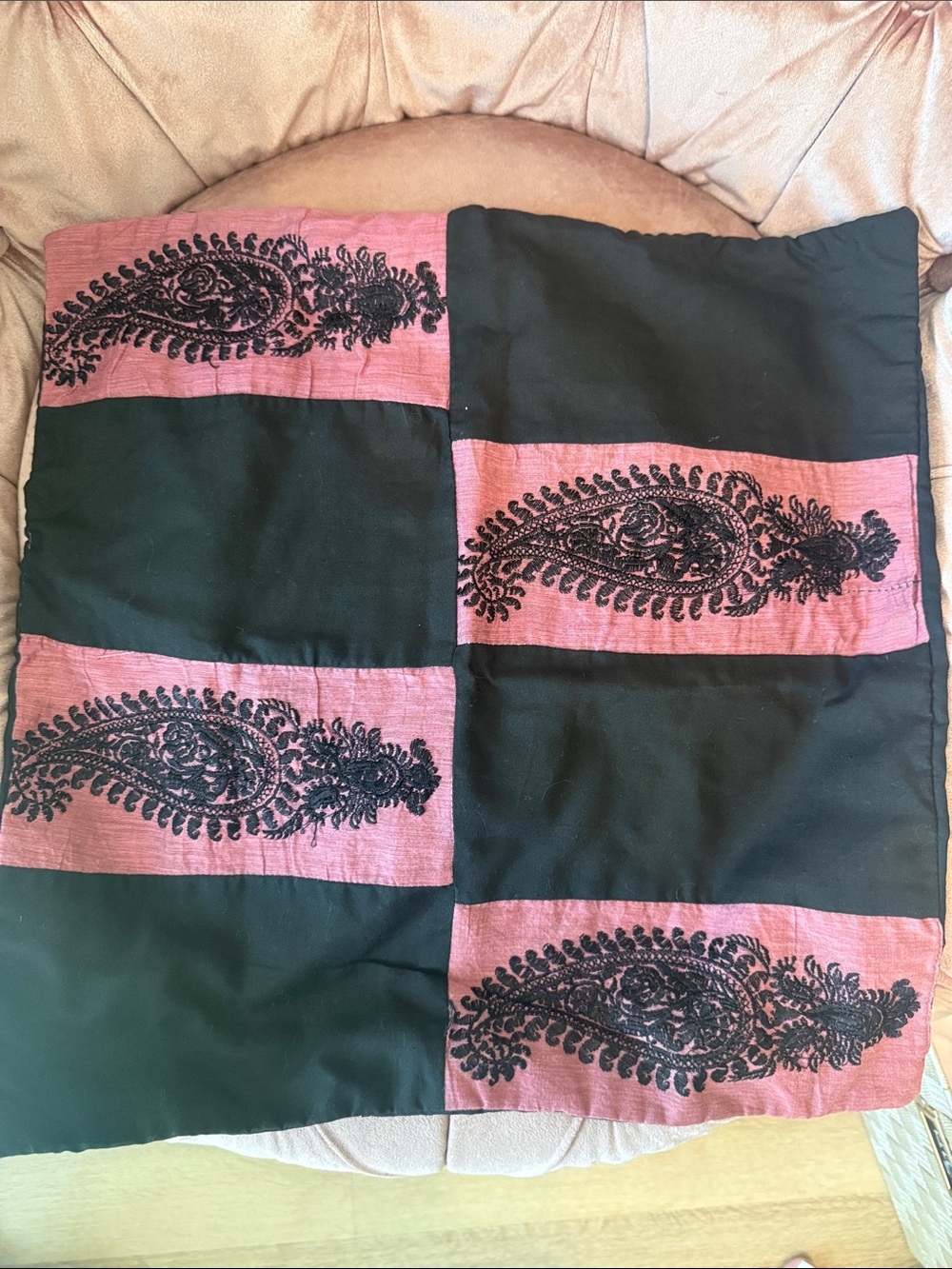 NWOT Embroidered Black and Mauve Patchwork Pillow Cover